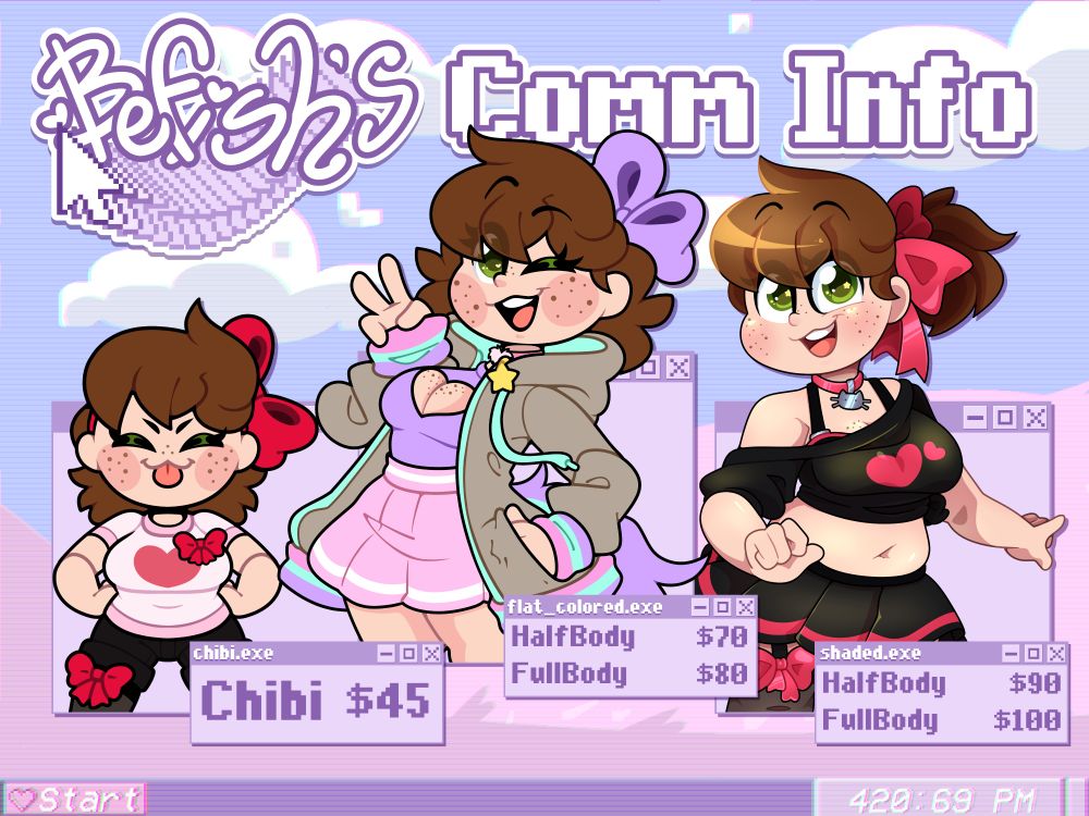 Befish's Commission Information Sheet. Includes examples of a chibi, a flat colored image, and a cel shaded image. Prices are as follows; Chibis are $45, half body flat colors are $70, fullbody flat colors are $80, halfbody shaded colors are $90, and fullbody shaded colors are $100. 