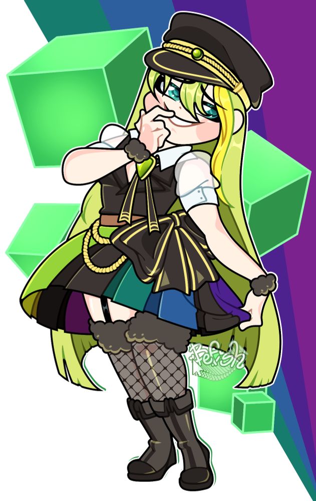 A drawing of Alina Gray from Magia Record with an evil smirk on her face, with a bunch of green cubes behind her. 