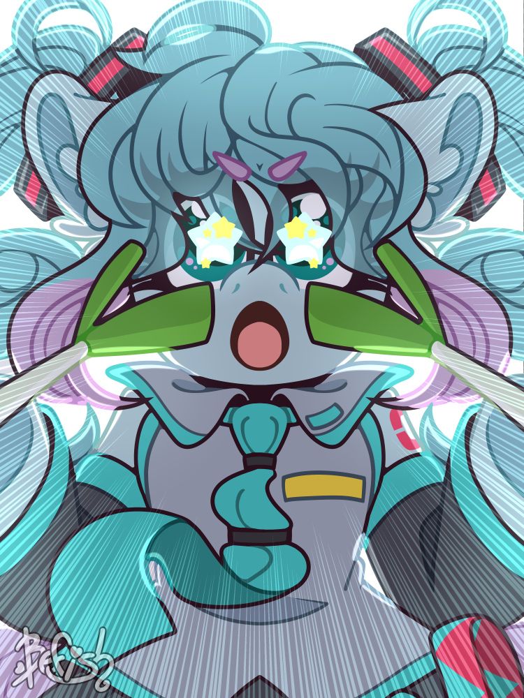 The Pony version of Hatsune Miku doing the "Miku Miku Beam" pose, holding up two leeks in front of her face instead of the finger pose since she doesn't have fingers. 