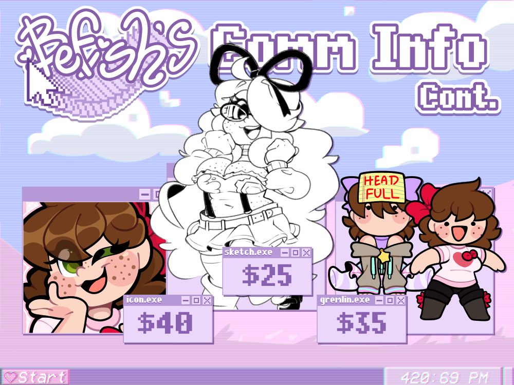 Befish's Commission Information Continued. Includes example of icons, sketches, and "gremlins", also known as shitpost chibis. Icons are $40, sketches are $25, gremlins are $35.