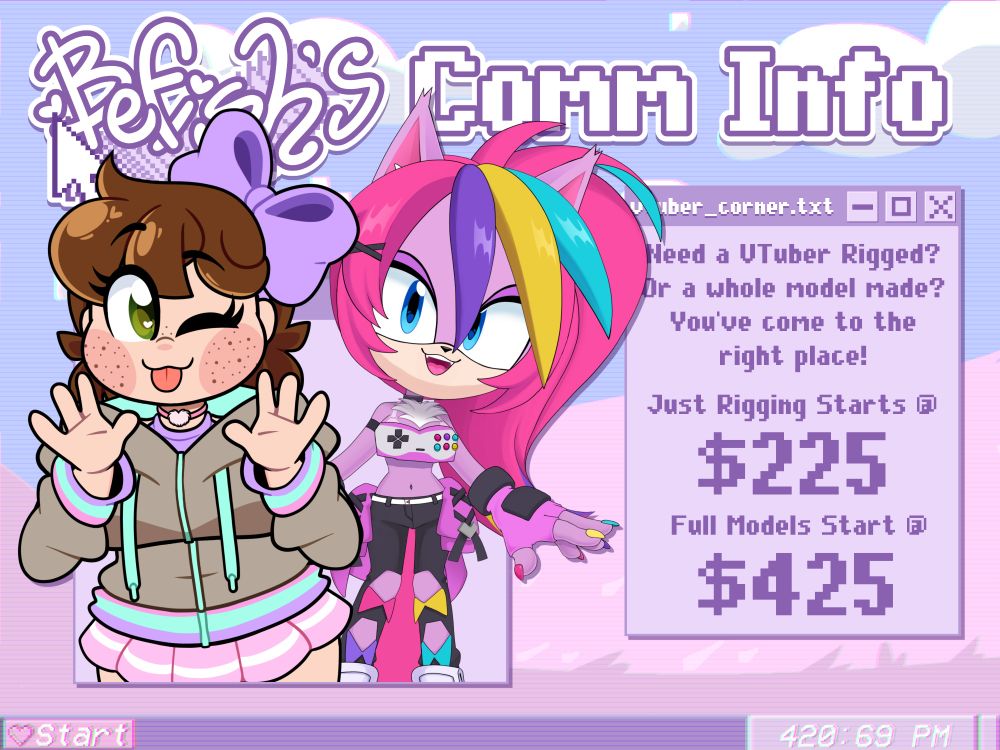 Befish's Commission Information Part 3, the VTuber Corner. Includes an example of a model Befish did art for, her own, and a model she did just the rigging for, a model for TechyCutie.  The text reads "Need a VTuber Rigged? Or a whole model made? You've come to the right place!" "Just Rigging Starts @ $225" "Full Models Start @ $425". 