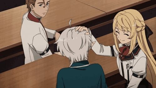 a girl petting a boy 's head while a man watches