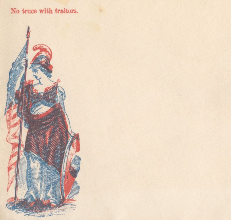 Envelope stamp of the goddess Columbia, wielding flag-spear and shield. The red and blue elements are offset from one another, giving a sort of glitchy effect. Above her, in plain text: "No truce with traitors."