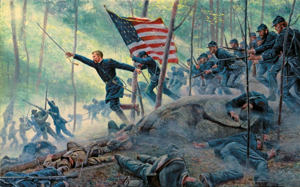 Dramatic oil painting of Joshua Chamberlain, sabre drawn, leading a bayonet charge down the slope of Little Round Top at Gettysburg, against the 15th Alabama. In so doing, he and the 20th Maine stayed true to the orders of Vincent Strong to "hold the ground at all hazards," and saved the Union flank at a critical moment of the battle