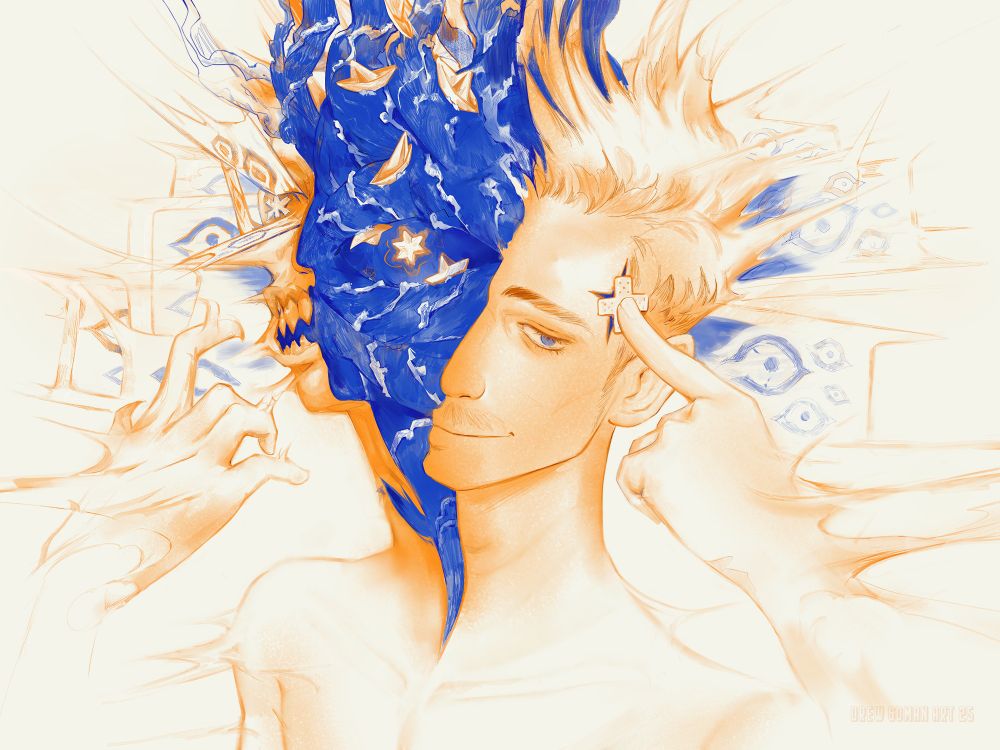 A surreal drawing of a man with a head split into two halves, waves of water flow between the halves, with small boats riding the waves. One half of the man's head is alarmed, the other side is smirking, with a finger covering a small crack in the man's temple. Screens with alarmed eyes are scattered around the background. 