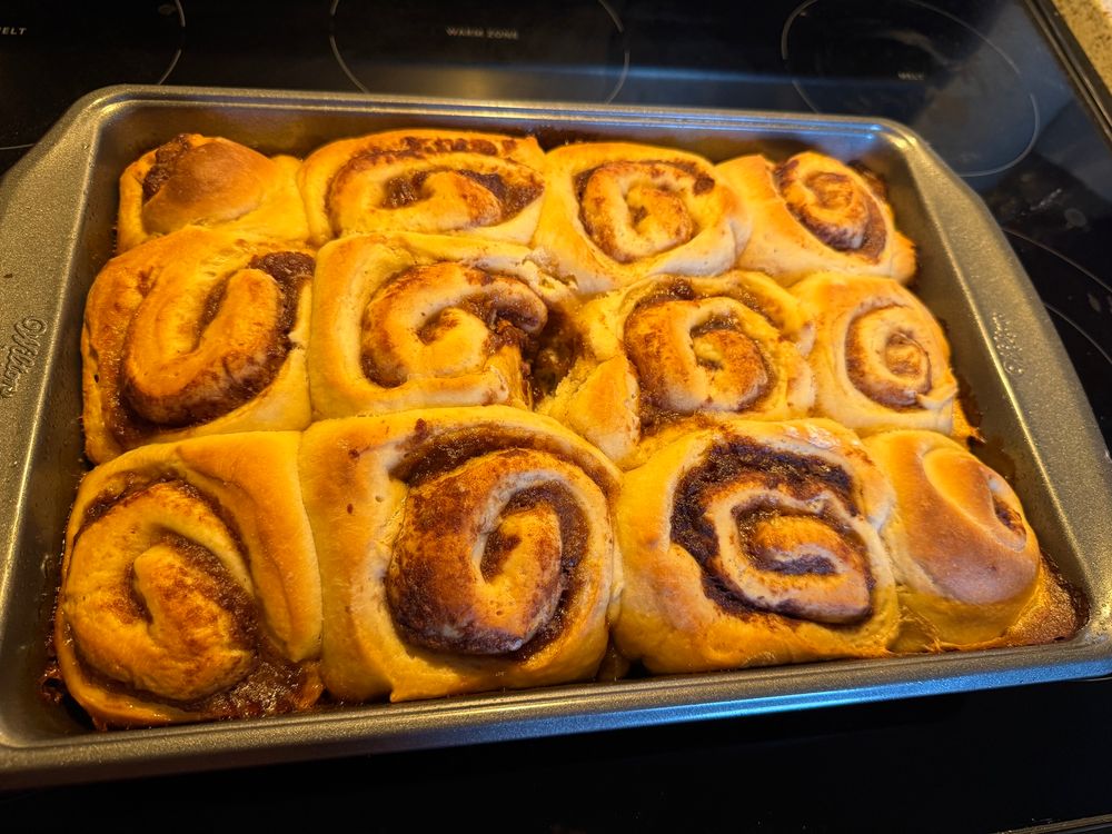 A pan of a dozen apple butter cinnamon rolls, exactly like regular cinnamon rolls but with the addition of apple butter.

There is no icing on them because I thought the icing recipe sounded too sweet.