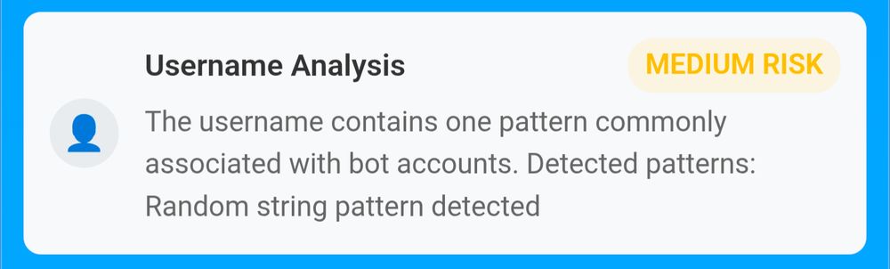 Username Analysis: Medium Risk
The username contains one person commonly associated with bot accounts. Detected patterns code on random string pattern detected