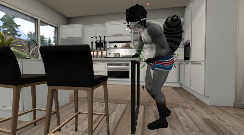 The character leans over the counter, legs crossed and squirming in front of a bunch of empty plates and an empty cup of coffee. Their distended stomach churns and growls, their urge to poop greatly exacerbated by holding it in and having a large breakfast.