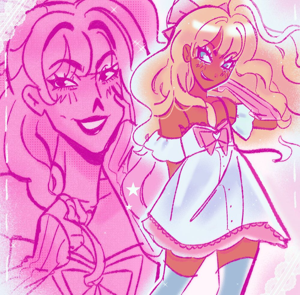 Half body of my Toy Chica gijinka flipping her hair next to a bust shot of her playing with her hair with one hand and the other resting on her cheek, 