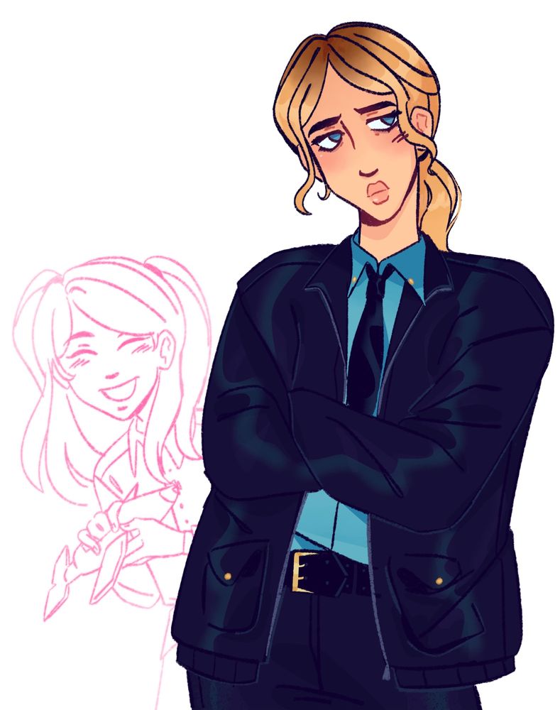 Half-body of FNAF Movie Vanessa standing with her arms crossed and a sullen expression. behind her is her as a child, smiling with her eyes closed and holding a toy plane.