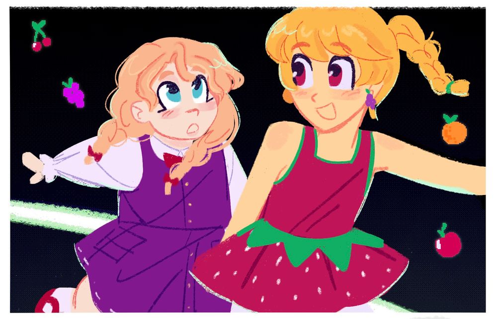 Susie and Fruity Maze girl walking through the maze together while pixelated fruit floats around them