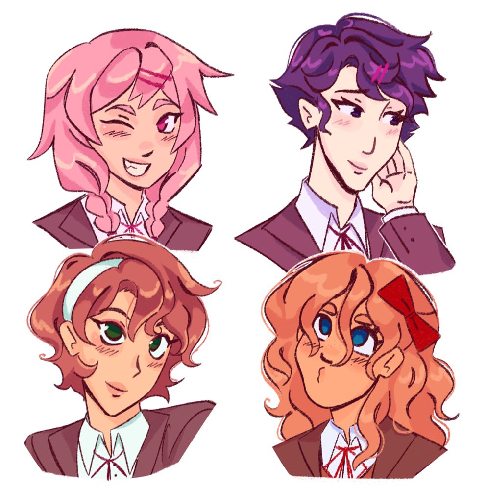 Headshots of the four DDLC characters with alternate hairstyles. Natsuki has shoulder length double braids, Yuri has a pixie cut, Monika has a bob cut, and Sayori has long hair.