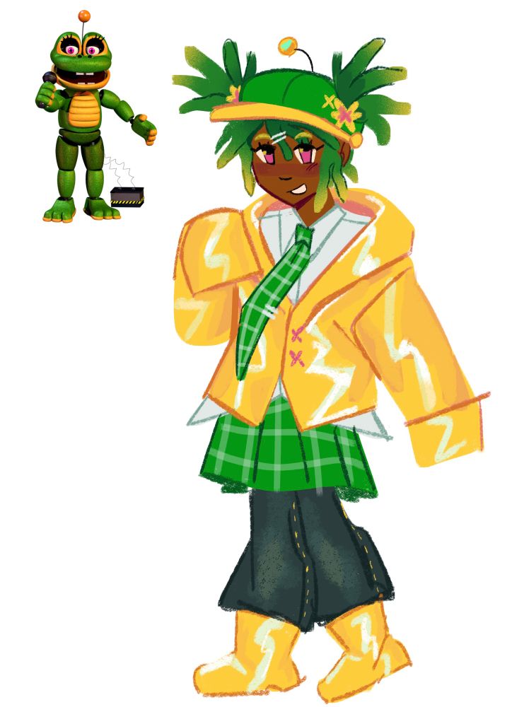Humanized version of Happy Frog FNAF. 

She has brown skin, pink eyes, and green hair and yellow ombre hair. Shes wearing a bright green hat with a yellow brim and an oversized yellow raincoat over a white button up shirt. She has on a green tie and a green skirt over a pair of pants tucked into yellow rain-boots.