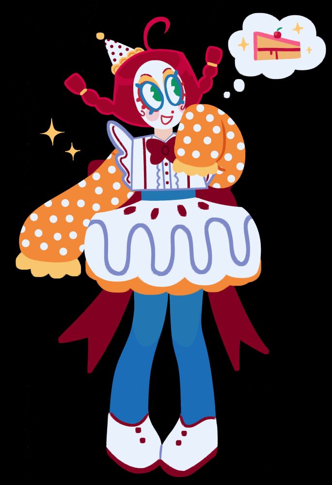 Fullbody drawing of Jackie from Secret of the Mimic looking off to the side and thinking about a piece of cake