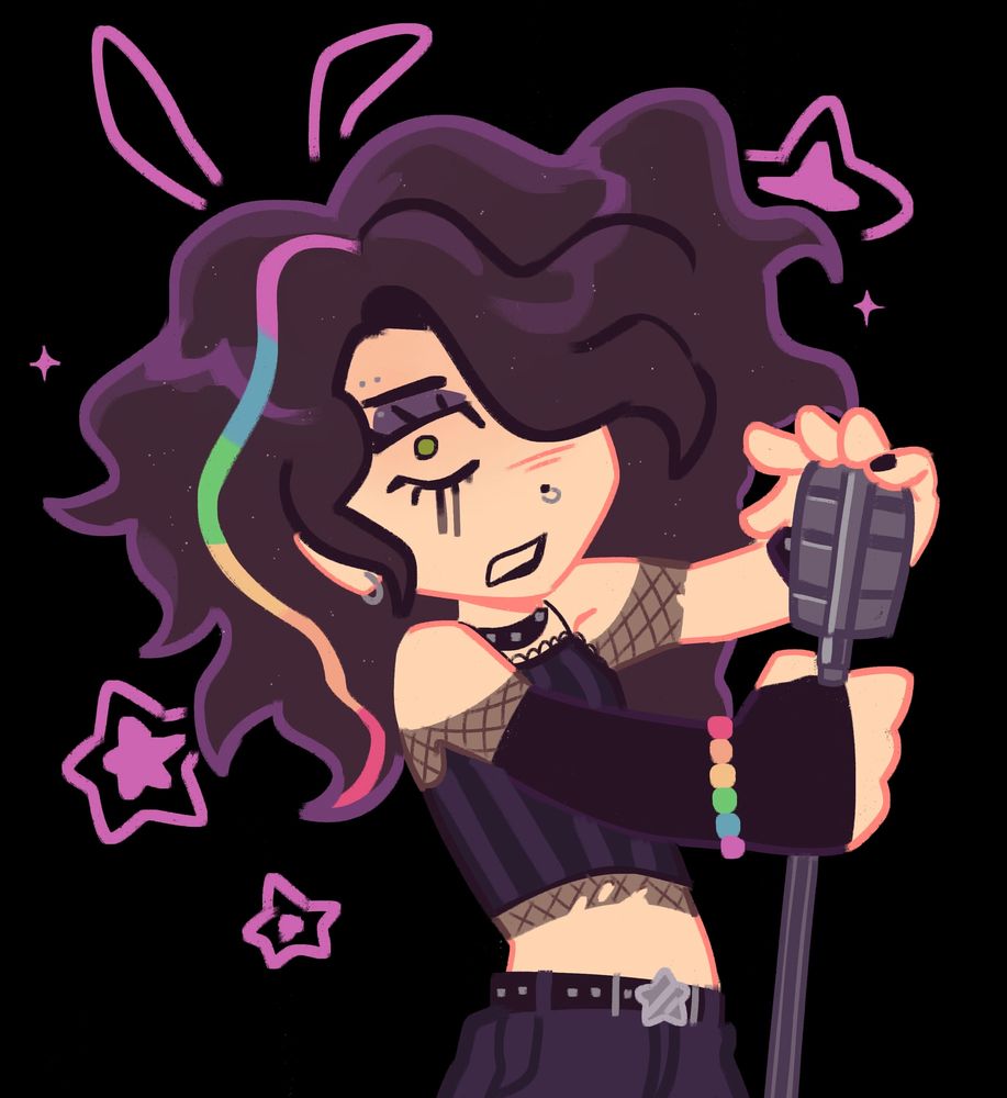 Emo Vanessa (FNAF) holding the base and top of a microphone and looking at the viewer