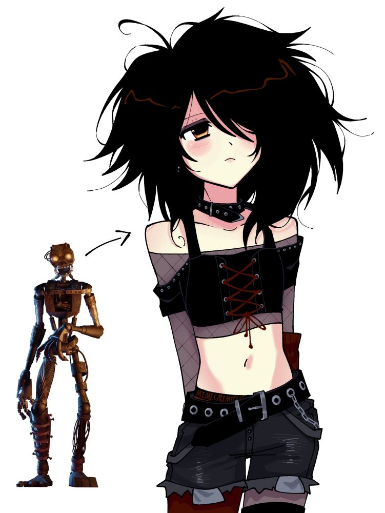 Image of the mimic FNAF with an arrow pointing to a humanized version of them drawn in an anime artstyle