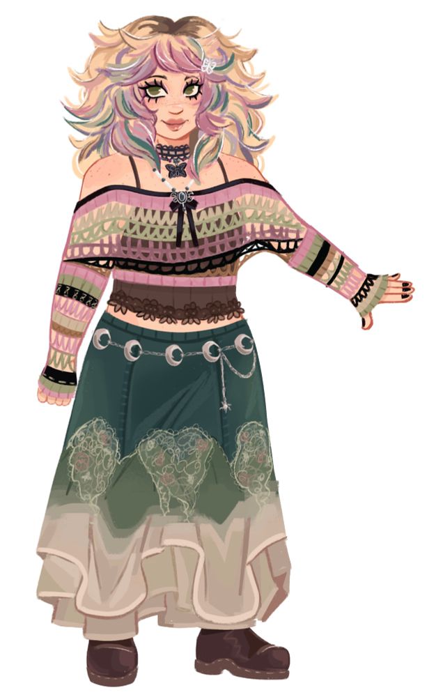 Fullbody drawing of Vanessa standing with one arm out, he’s looking forward and smiling 