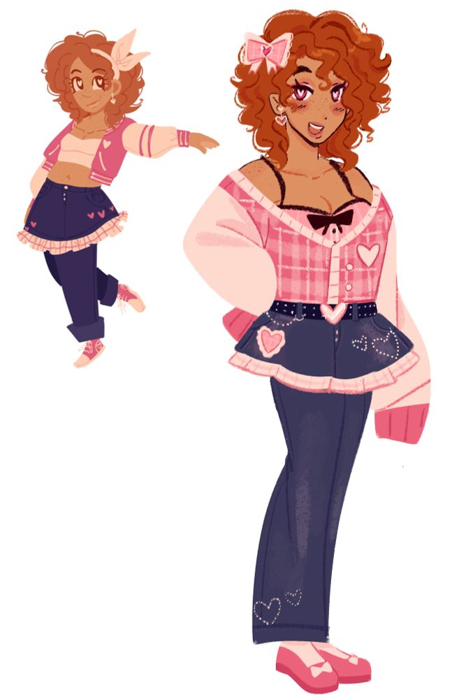 Full-body drawing of my OCs new design, with the old one shown in the upper left.