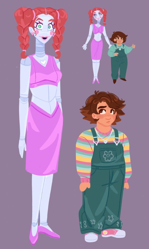 Full body drawings of my Eleanor and Sara (Fazebear Frights) designs 

Eleanor looks much like her appearance in the graphic novel, but more unnaturally lanky with her arms and neck being too long. Shes wearing a purplish pink top that shows her midriff and an ankle length skirt

Sara is chubby with short brown hair, brown eyes, freckles, and thick eyebrows. shes wearing a pair of dark green overalls and a multicolored yellow, pink and blue stripped sweater. Around her neck is a silver necklace with a heart pendant. 