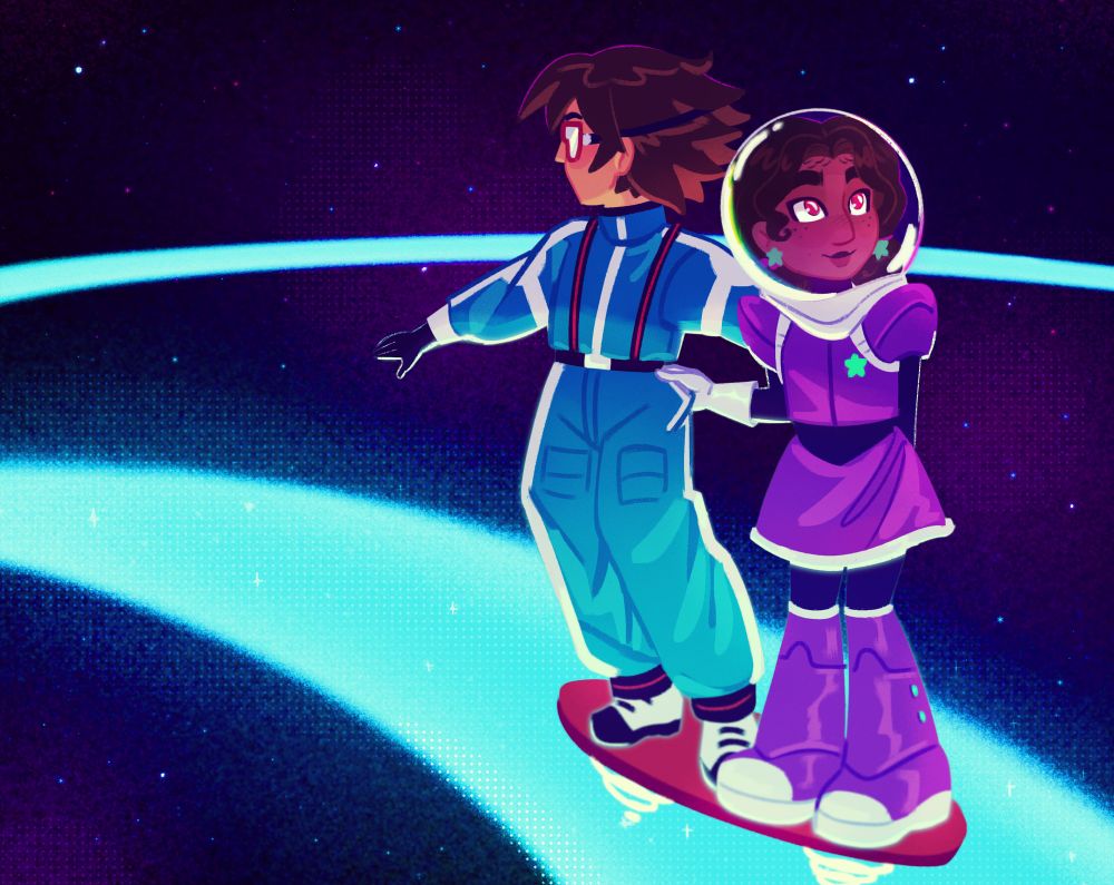 My AU Gregory and Cassie are in space riding a hoverboard together over a path of bright blue light. 
Gregory is in-front, steering the hoverboard with his arms out for balance and Cassie is next to him, holding onto his pant leg with one hand and the other behind her back. Shes looking off into space with wonder in her eyes