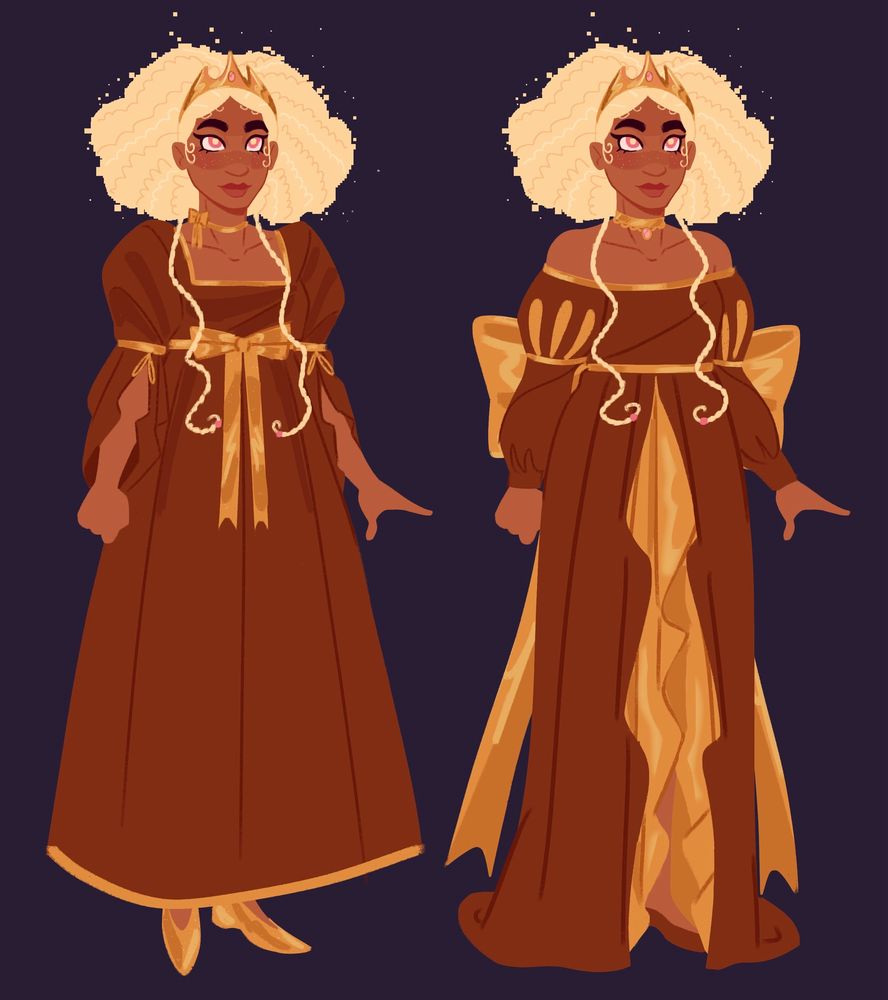 Two fullbody drawings of my design for The Princess from Princess Quest 

Both designs have the same hairstyle, a light blonde pixelated afro with two long braids hanging on both sides of her shoulders. Shes also wearing a gold crown with three prongs and a pink gem in the middle.

outfit one is a brown ankle length dress with an empire waistline and a golden bow tied around it. The sleeves are puffy at the top and drape off at the end. She has gold accents on the trim of her collar and end of the dress, her shoes are gold as-well. 

Outfit two is a brown off the shoulder dress with an empire waistline and a giant bow tied in the back. The bottom of the dress reaches the ground. The sleeves are long and have puff out at the top and at the wrist. The middle of the dress opens up to reveal a gold colored fabric underneath. Her shoes are brown