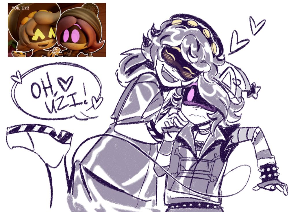 N says “Oh, Uzi!”. holding her hand and leaning onto her, smiling with his eyes closed. Uzi raises her free hand in surprise, a nervous expression on her face.

A screenshot of the scene I’ve redrawn is in the top left corner. 