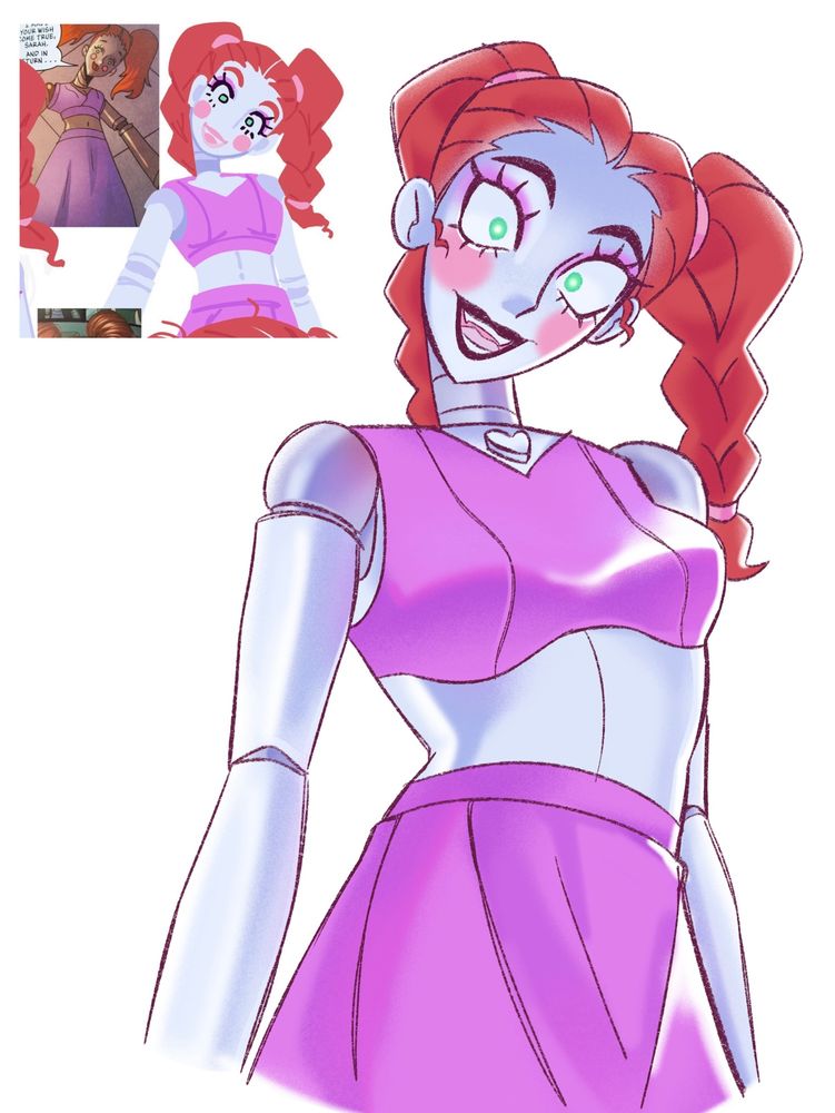 A redraw of a redraw of a panel from the Fazebear Frights graphic novel of Eleanor at an upward angle looking down