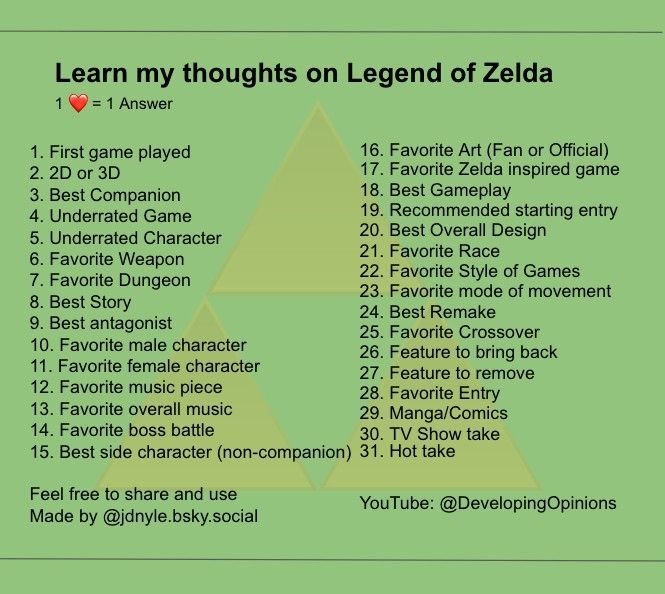List of 31 prompts, titled "Learn my thoughts on Legend of Zelda". One like equals one answer. Credited to jdnyle.bsky.social. 