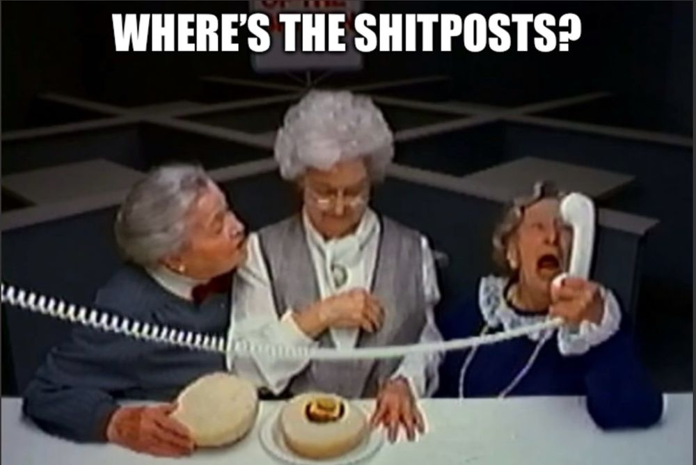 It’s the “Where’s the Beef?” lady but the meme reads “Where’s the Shitposts?” GET IT BECAUSE IT’S A PLAY ON A WELL-KNOWN THING. Anyway, objects in this image are held down by gravity.