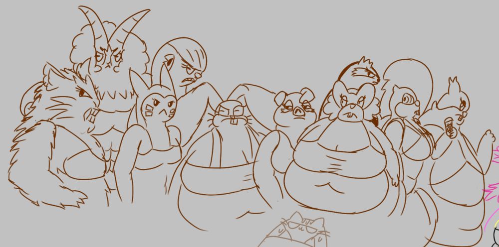 An illustration of several bikini-clad anthropomorphic Pokemon women looking disapprovingly at something offscreen. From left to right: Raticate, Dubwool, Furret, Gumshoos, Diggersby, Oinkologne, Bibarel, Linoone, Watchog, and Greedent.
