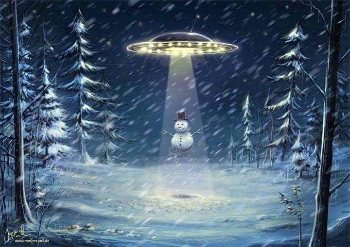 A snowman being abducted by aliens.