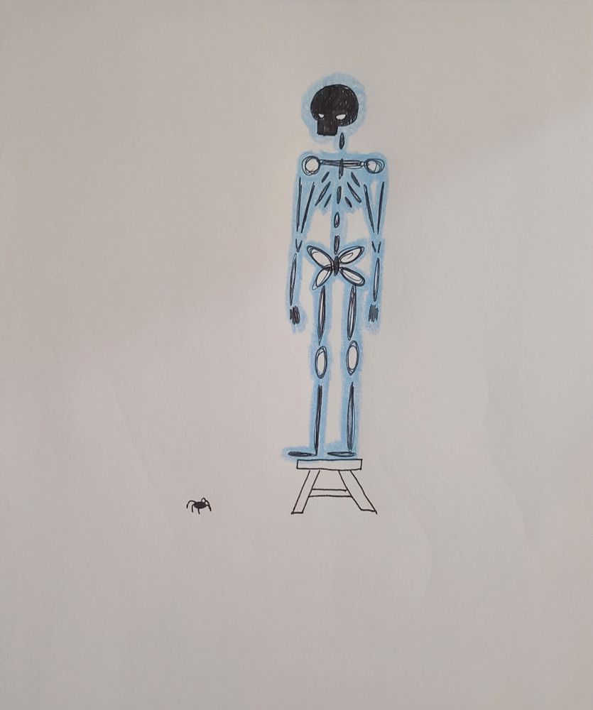 A skeleton stands on a stool as far away as possible from a spider on the ground.


(This piece is copywrite Ray Arames of The Dank Macabre and Inn Obscura. It is not to be used for training purposes. If this piece is found to be used within generative ai or training its algorithms, the license holder of the AI agrees to pay Ray Arames of The Dank Macabre and Inn Obscura royalties up to the price and value of, but not below half of its worth, the original piece and for each generated pieces that it was used as a separate payout as a consultation fee.)