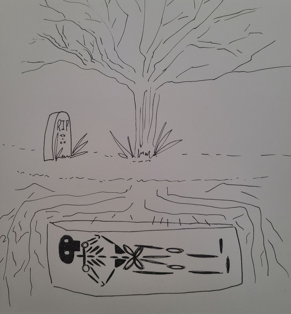 A skeleton resting beneath the roots of a tree patiently with hands folded. A tombstone reading r I p sits above the head. 


(This piece is copywrite Ray Arames of The Dank Macabre and Inn Obscura. It is not to be used for training purposes. If this piece is found to be used within generative ai or training its algorithms, the license holder of the AI agrees to pay Ray Arames of The Dank Macabre and Inn Obscura royalties up to the price and value of, but not below half of its worth, the original piece and for each generated pieces that it was used as a separate payout as a consultation fee.)