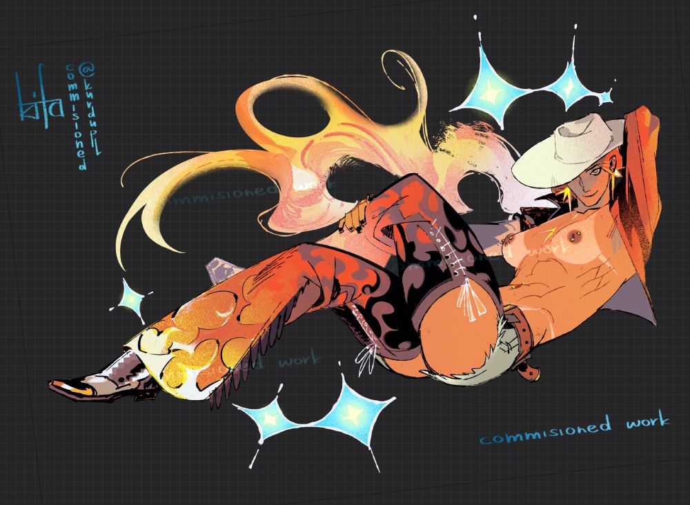 Commissioned piece of yuzepi’s Oc. 
She’s lounging with her asscheeks out of her shorts and chaps wearing nothing on top. 
The white hat is covering some of her face, with one piercing eye visible.
Her theme is Fire so there’s fire motif in her hair and chaps 