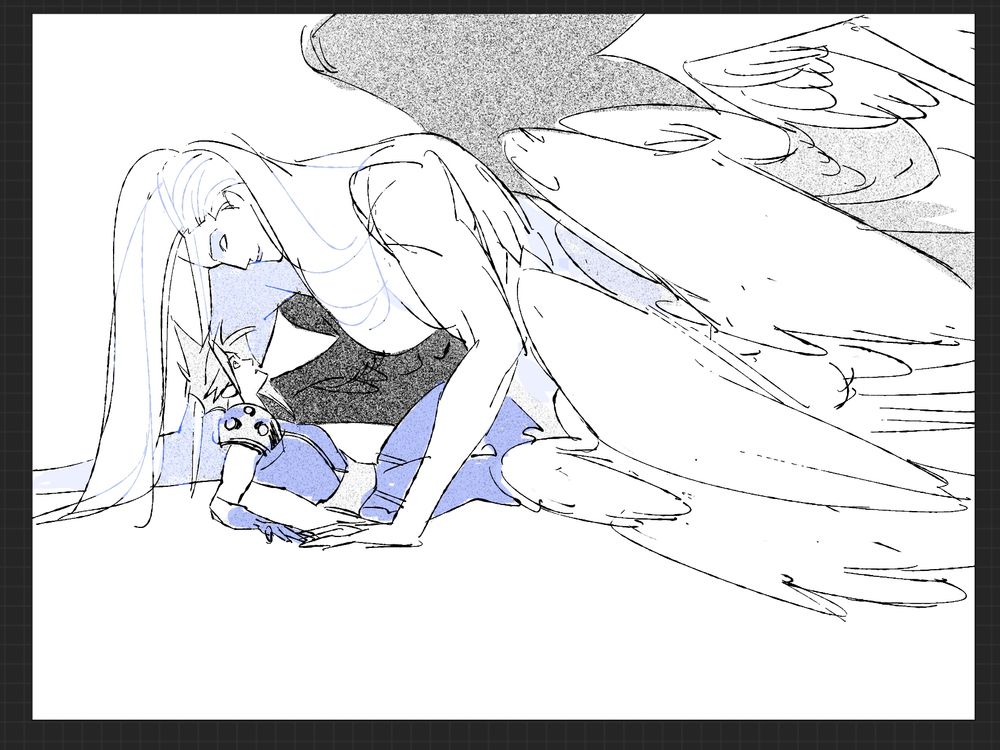 Safer Sephiroth WHO IS HUGE caging in tiny loser Cloud 
Her wings are sprawled all around her
