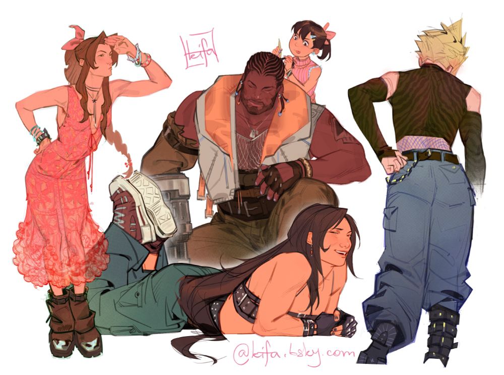 A collage of the midgar gang except red13(sorry😔) 
With Aerith to the left looking into a distance, squinting her eyes. She’s wearing a crocheted pink dress with flower patterns, it’s a bit see through, on her legs she’s wearing boots with metal toes. 
In the center we have Tifa and Barrett with Marlene 
Tifa is on her stomach legs in the air laughing and having a grant old time. She’s wearing greenish baggy jeans and red converses. She’s wearing multiple belts stacked as a top. On her ands she’s has simple black fingerless gloves. 
Barret is wearing a sleeveless poofy industrial looking jacket in white and orange with a few blue ascents here and there. He’s squatting although you can’t see it due to the placement. He has his belts on his stomach and yellow-green pants. His nails are painted blue and there’s braids in his hair. 
Marlene is working on undoing some of them with a concentrating look on her face. 
And I just wanted cloud to look like a slut 