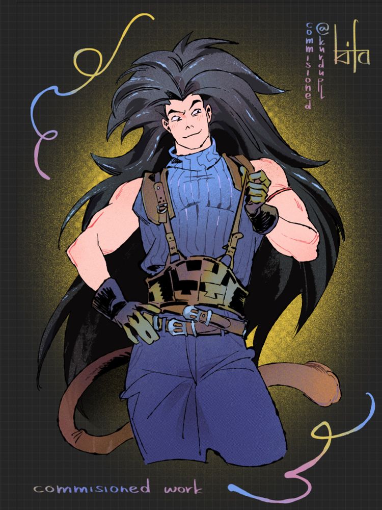 Commission of a Raditz from Dragon Ball wearing Zack Fair's SOLDIER uniform besides pauldrons 
He's stretching suspenders with his one hand with the other on his hip 
He has a pretty cocky look on his face 