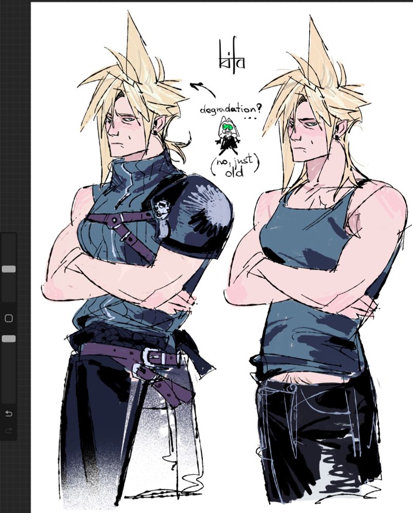 Older vision of Cloud 
He’s standing with his arms crossed in both versions
Left is wearing AC cloud outfit with a zipped collar and the one on the right is wearing casual wear, something he might wear at home 
The little silly mortified Sephiroth in the middle is thinking about degradation…but no cloud is just getting grey hairs from aging and stress 
Older Butch Cloud strife….