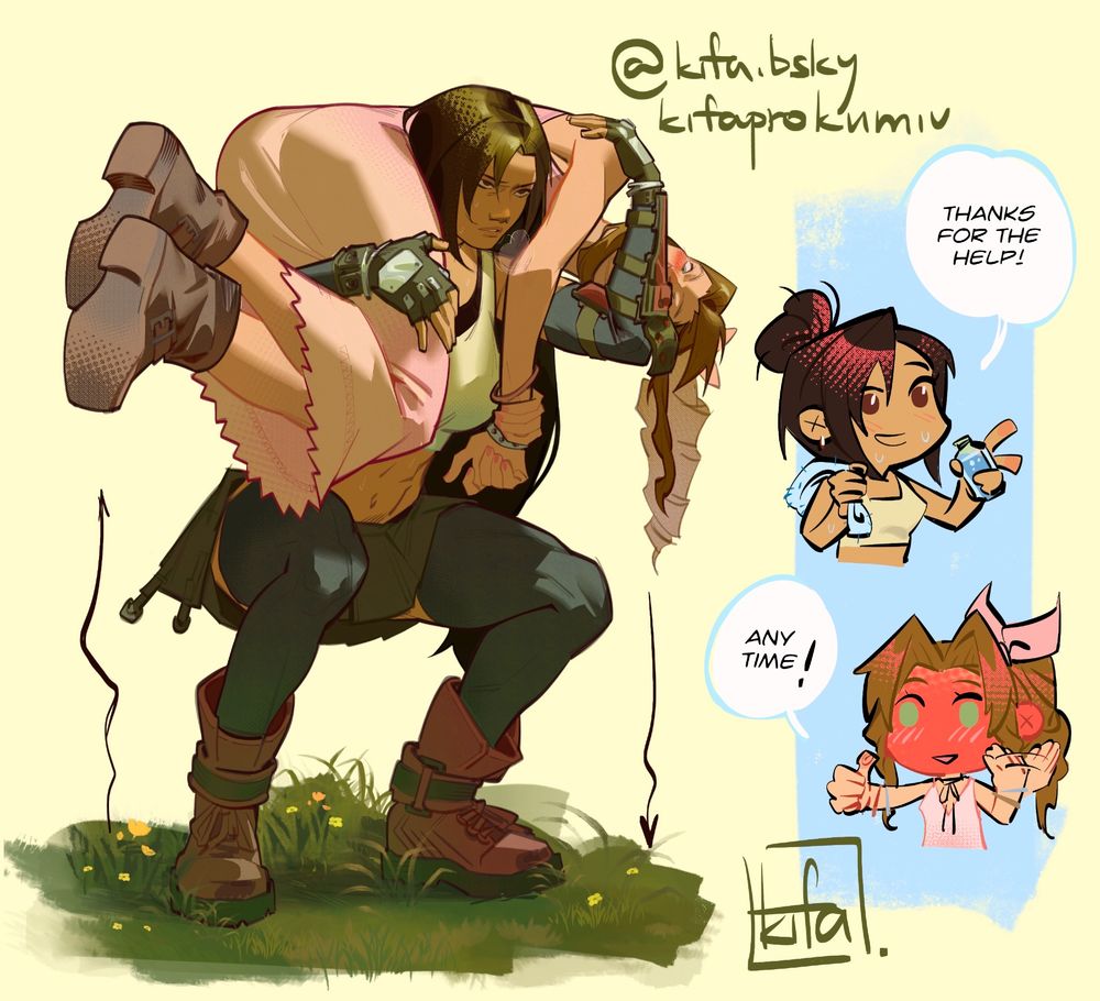 Tifa doing squats with aerith on her shoulders, Aerith is blushing profusely 
Right part shows more stylized Tifa and Aerith 
Tifa holding a towel and bottle of water, a bit sweaty: thanks for the help
Aerith, red as a tomato, fanning herself with one hand and flashes a thumbs up with the other: any time! 