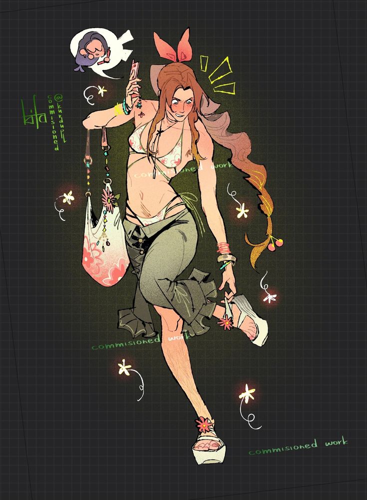 Commissioned work of transfemme Aerith in swim wear! She’s wearing a white set with a green trim and pink flowers as patterns
On her hips is a greenish skirt
She’s adjusting the lims of her sandals and in a clear hurry, in the other hand she’s holding a pink folding phone 
She’s on a call with Tifa and she’s saying something that makes Aerith blush 