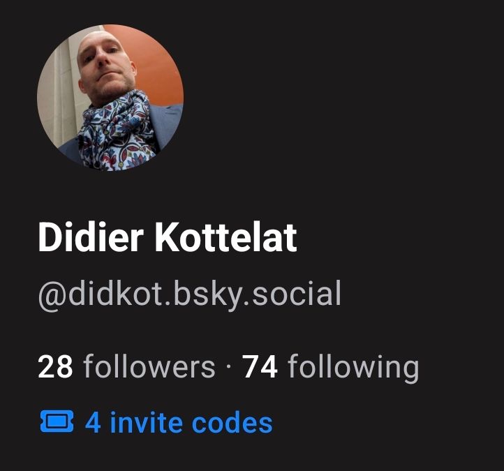 Capture d'écran de mon profil (Didier Kottelat, @didkot.bsky.social), indiquant mon nombre de followers et le nombre de codes d'invitation en ma possession (4).