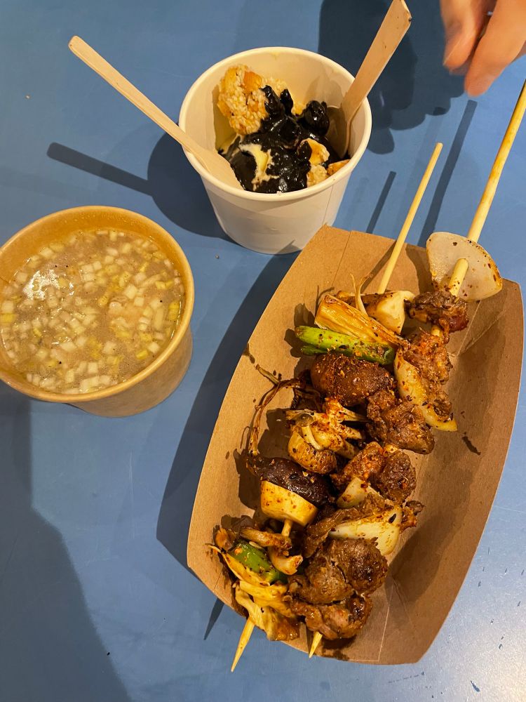 Lamb and veggie skewer. Pork and winter radish broth. “Tangyuan sundae” toasted rice ice cream, black sesame fudge, peanut brittle 🤤