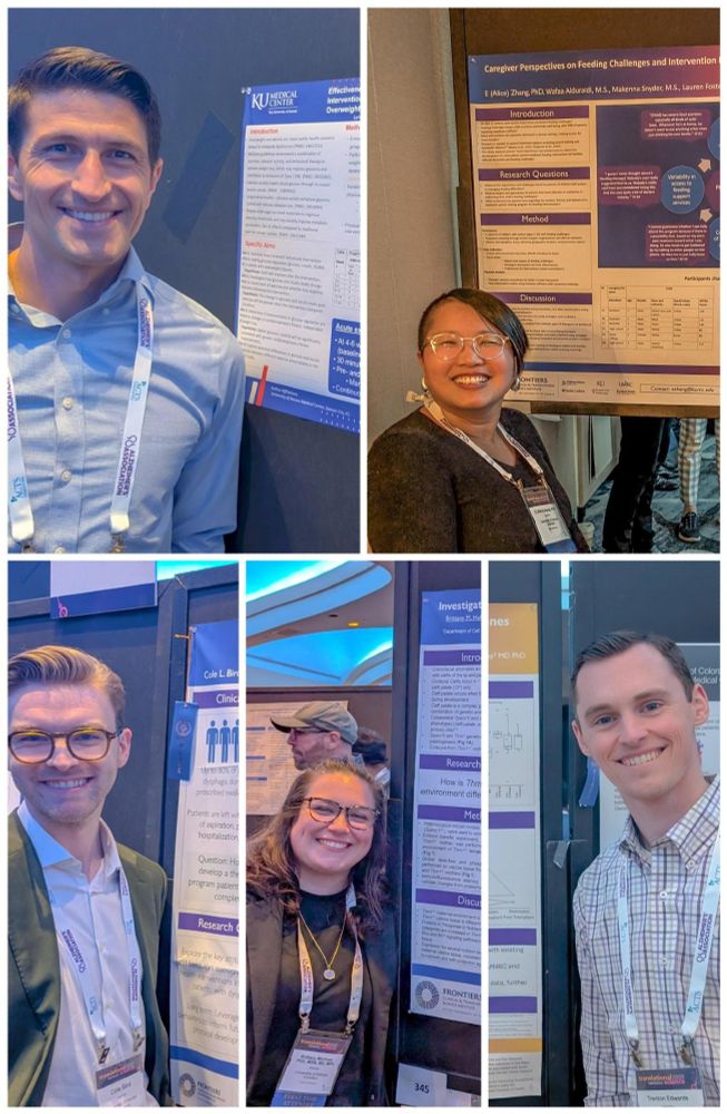 Top left to right: Landon Deru, Ph.D., TL postdoc trainee; Alice Zhang, Ph.D., KL2 scholar. Bottom left to right:: Cole Bird, TL1 predoc trainee; Brittany Martinez, Ph.D., TL1 postdoc trainee; Trenton Edwards, TL1 predoc trainee, with their posters at the ACTS conference.