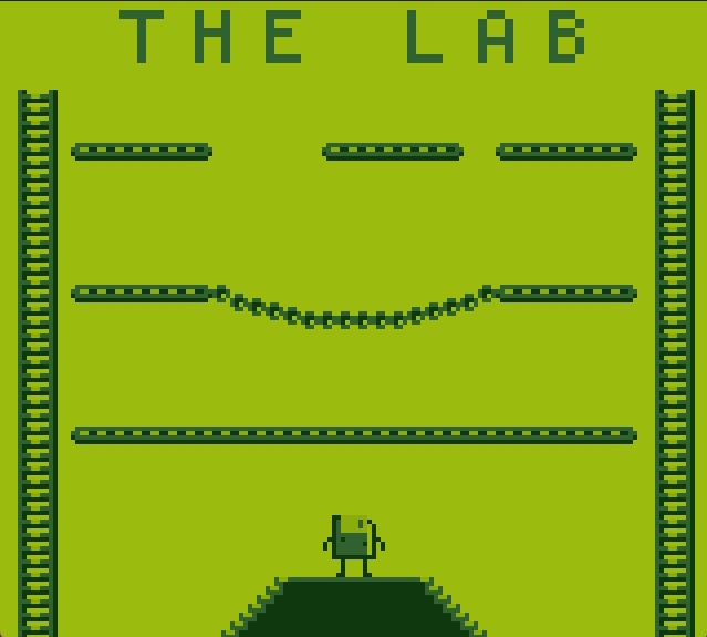 A still from Floppy, an indie video game in development. In the center-bottom of the screen is the titular Floppy, an anthropomorphized floppy disk in a small obstacle course called "The Lab". The Lab has stairs, ladders, platforms, and a bridge. The game is made with a 4-color palette resembling a retro gaming handheld.
