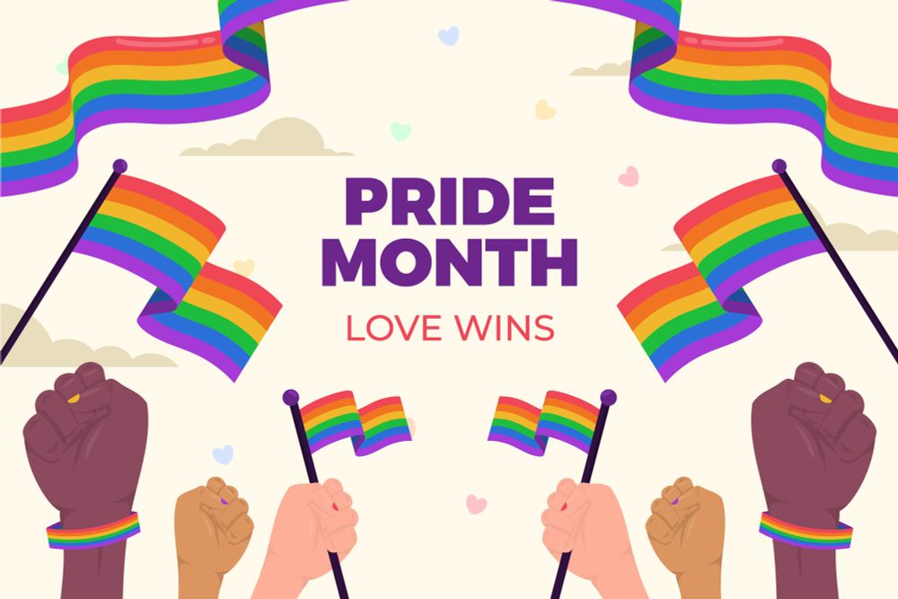 Image with different colored hands holding pride flags with the words Pride Month Love Wins