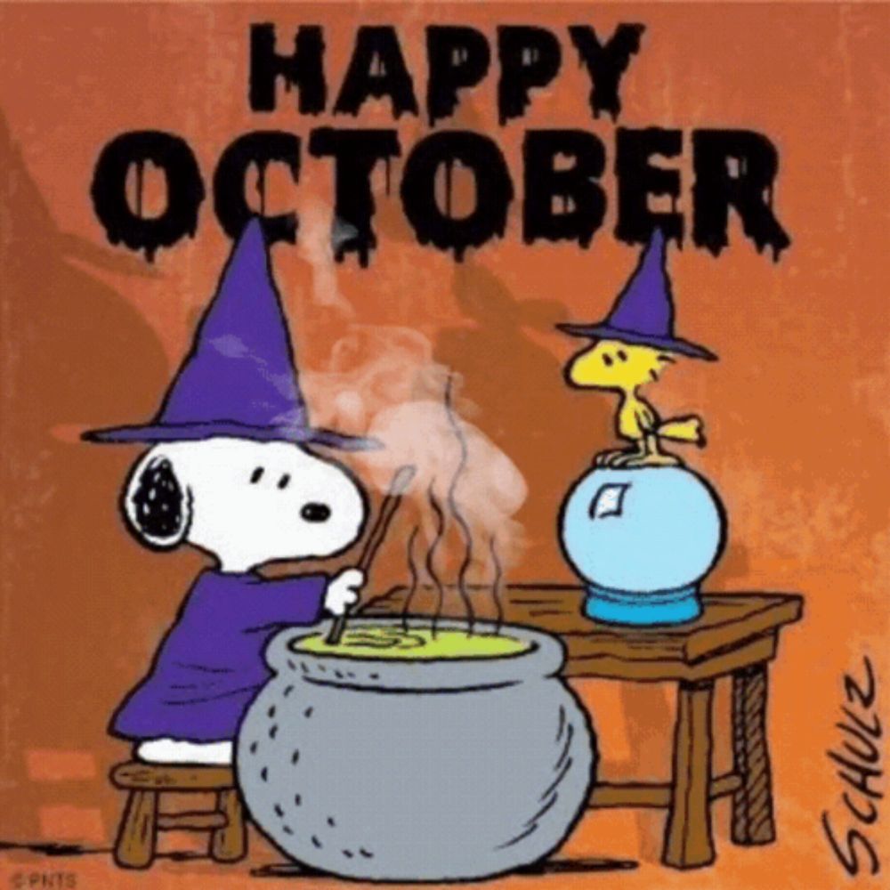 a cartoon of snoopy dressed as a witch stirring a cauldron with the words happy october