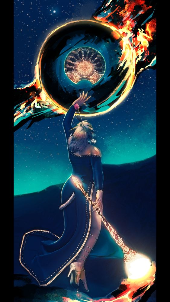 A miqo'te floating in the air in front of a mountainscape at night. The sky is illuminated by stars. He wears a dark blue with gold accents and holds an iridescent paint brush that trails a fiery, shimmering paint behind him. He looks upward, his other hand outstretches towards his palette floating above, the same fiery paint orbiting around it in the sky.