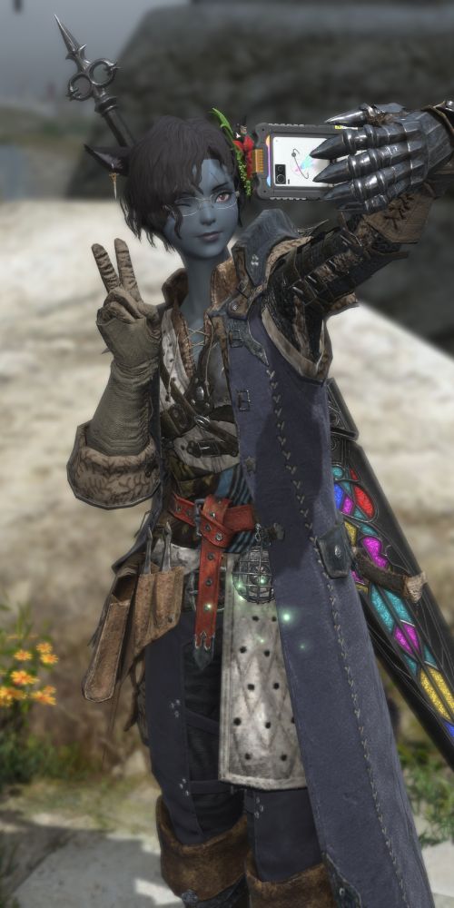 The usual mooncat, in the new Monster Hunter collab outfit. She's wearing glasses this time, and taking a selfie with her exo-tablet. She has a stained glass greatsword from the new Deep Dungeon.