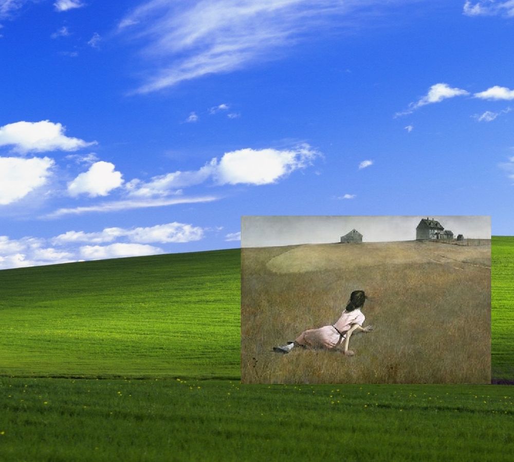 Bliss, la fotografía del campo verde con el cielo azul famosa por ser el wallpaper de Windows, con Christina's World, la pintura de Andrew Wyeth sobrepuesta 