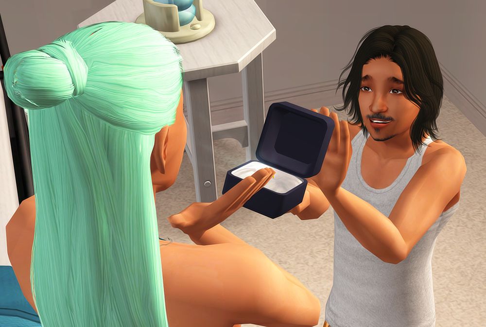 screenshot of male sim proposing to female sim